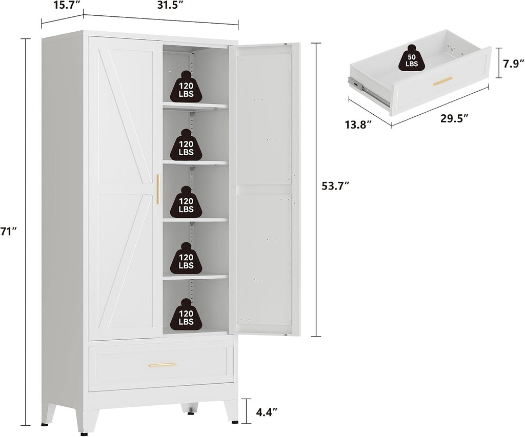 QINPTWUT 71' Storage Cabinet with Bottom Drawer, Pantry Cabinet in White with 2 Doors & 4 Adjustable Shelves, Freestanding Steel Cupboard for Garage, Home Office, Kitchen, Heavy-Duty Storage