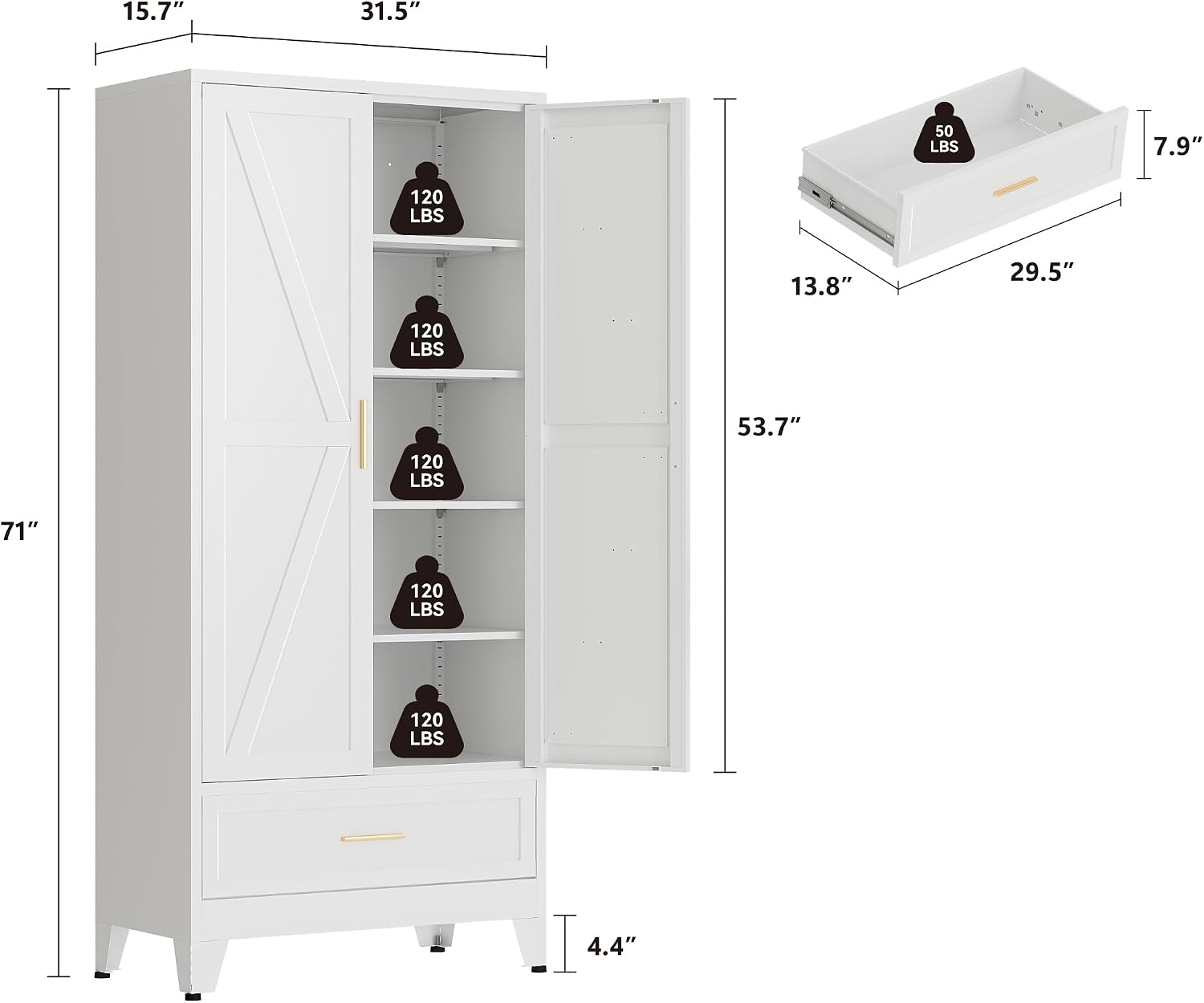 QINPTWUT 71' Storage Cabinet with Bottom Drawer, Pantry Cabinet in White with 2 Doors & 4 Adjustable Shelves, Freestanding Steel Cupboard for Garage, Home Office, Kitchen, Heavy-Duty Storage