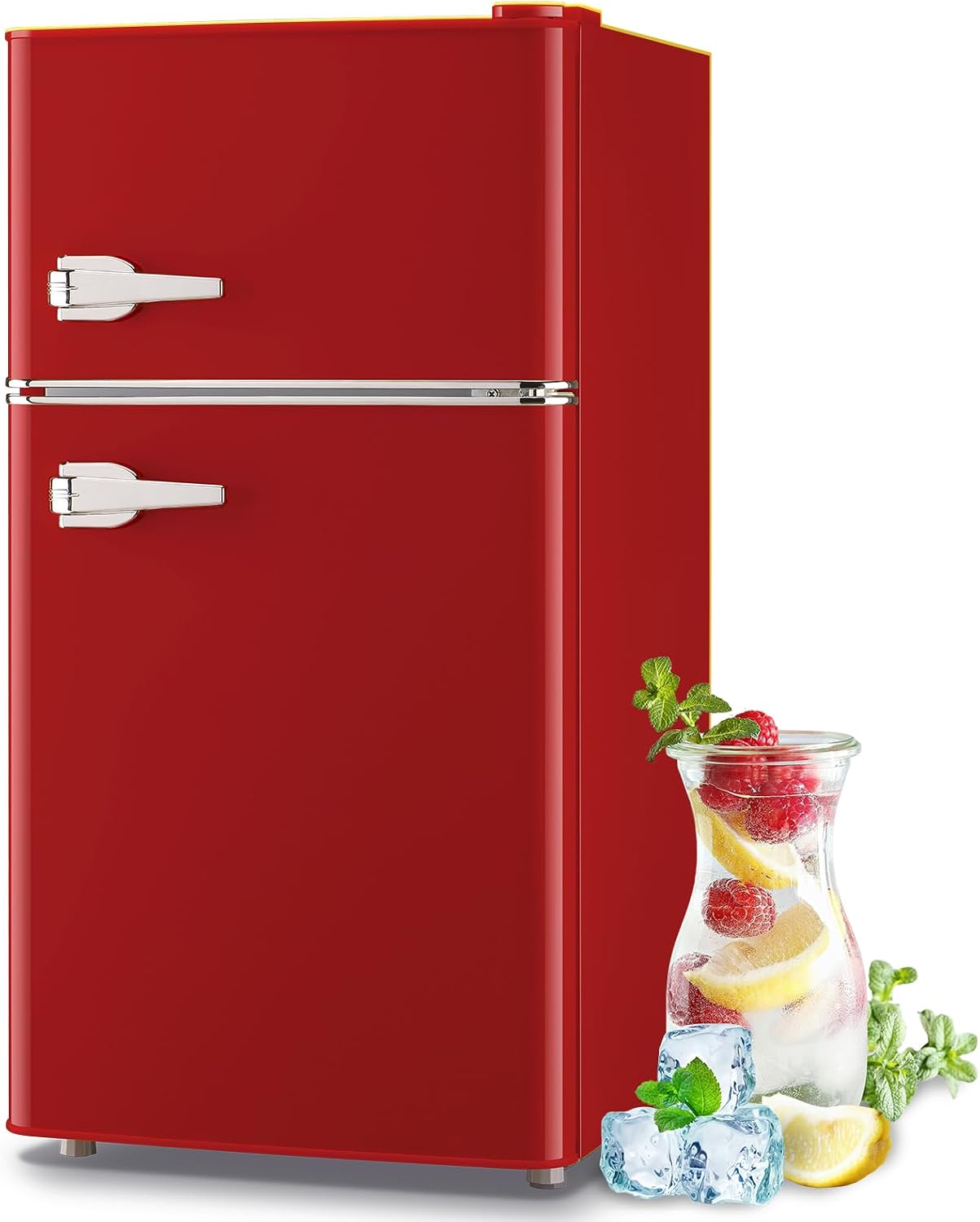 3.5 Cu.ft Refrigerator with Freezer Double Door Red Fridge Adjustable Glass Shelves, Plastic Crisper,7 Level Temperature Control Fridge for Dorm, Office, Apartment