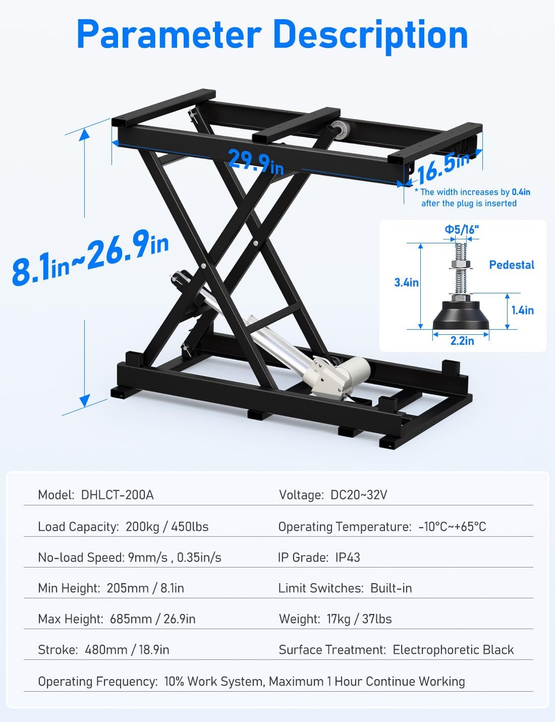 DIHOOL Electric Scissor Lift Table, 440Lbs Capacity, 8.07'-26.97' Height Adjustable Lifting Platform, Super Quiet with Remote & WiFi Control, Obstruction Detection, AC/DC Power for Home/Industrial Use