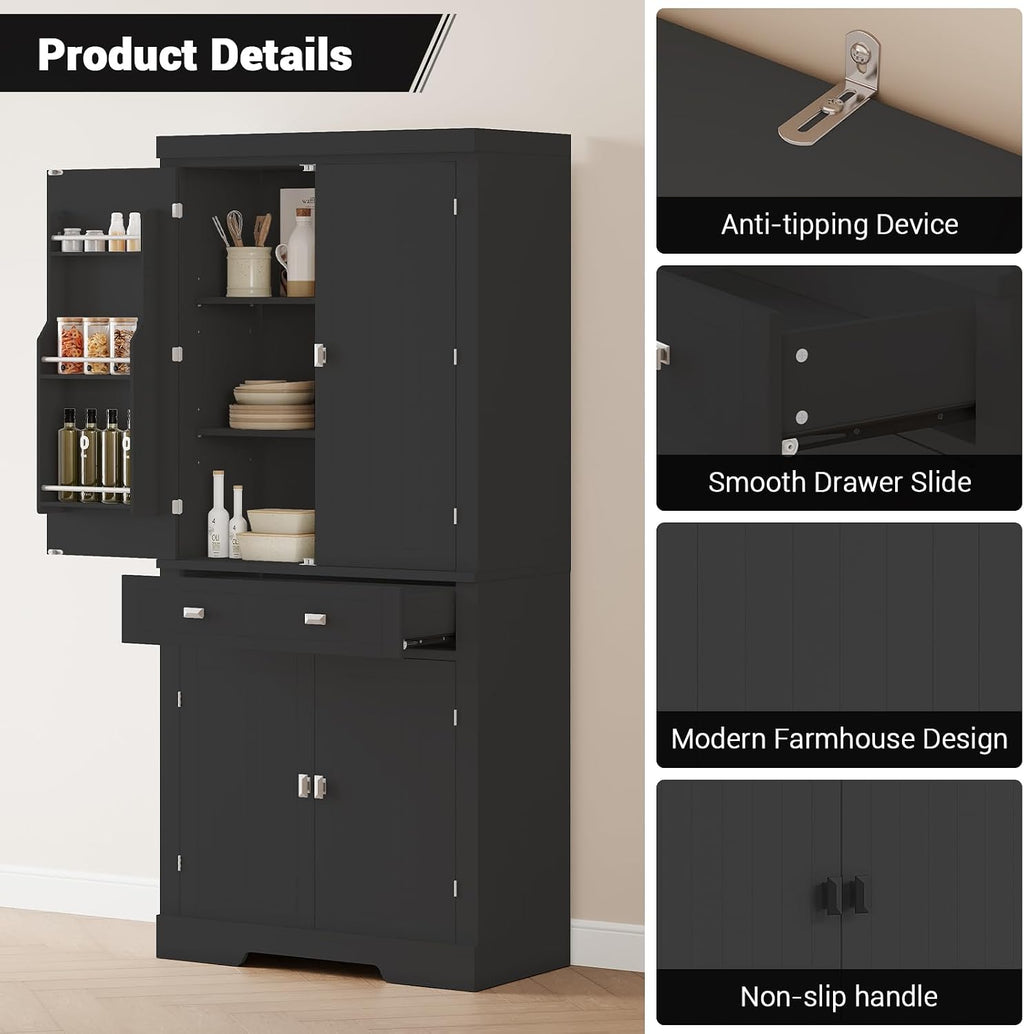GarveeHome 72' Kitchen Pantry Cabinet, Freestanding Tall Storage Cabinet with 6 Door Shelves, 4 Adjustable Shelves and 1 Drawer, for Kitchen, Living Room, Dining Room, Black