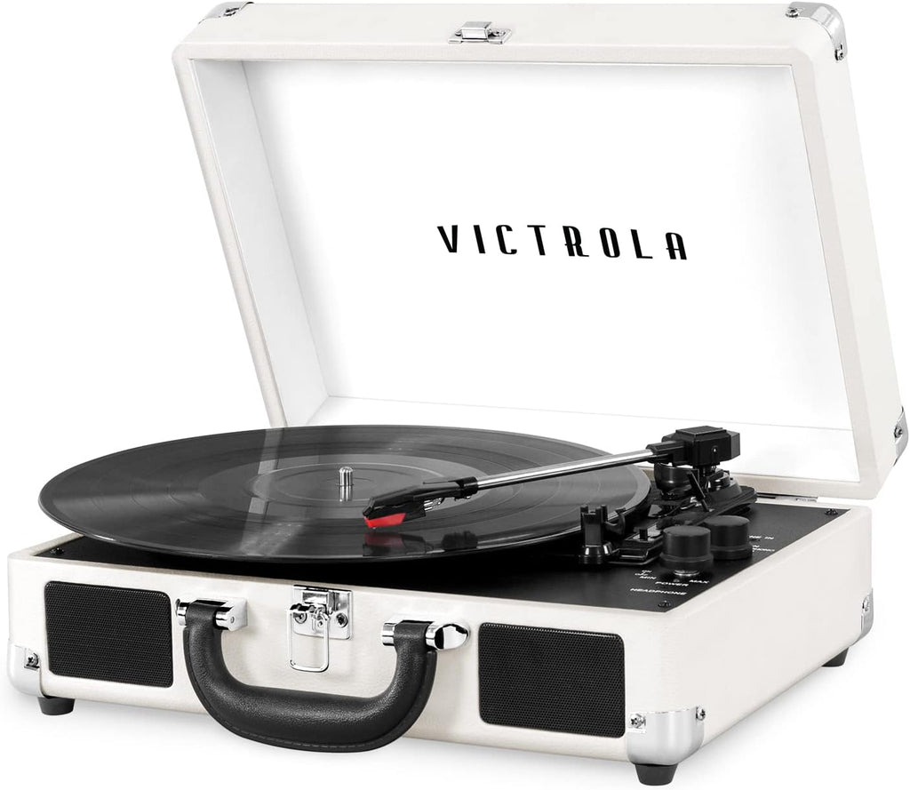 Victrola Journey - Bluetooth Suitcase Record Player - White/Silver | Built-in stereo speakers, 3-speed turntable plays 7', 10' and 12' records, Bluetooth streaming, headphone jack