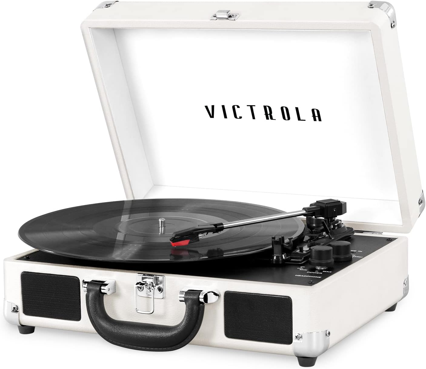 Victrola Journey - Bluetooth Suitcase Record Player - White/Silver | Built-in stereo speakers, 3-speed turntable plays 7', 10' and 12' records, Bluetooth streaming, headphone jack