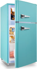 Small Fridge with Freezer Mini Refrigerator Double door Removable Glass Shelves 7 Temp Gear Detachable Handle Blue