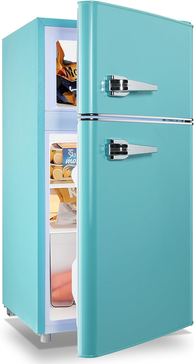Small Fridge with Freezer Mini Refrigerator Double door Removable Glass Shelves 7 Temp Gear Detachable Handle Blue