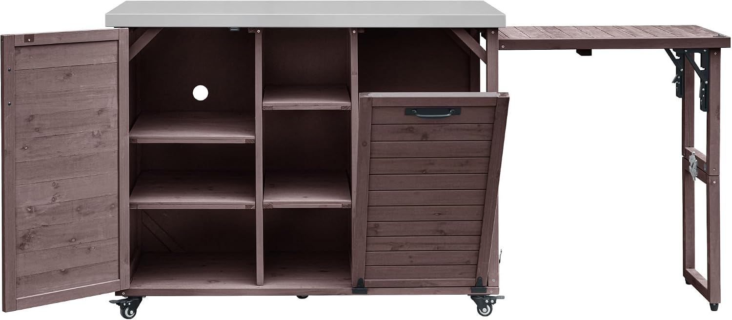 LUMISOL Outdoor Kitchen Island with Foldable Grill Table, Movable Prep Table with Stainless Steel Top, Rolling Kitchen Cart with Trash Can Storage, Outdoor Grill Cart for Parties, Dark Brown