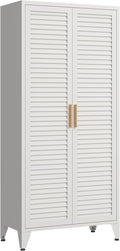 61 'H White Lockable Steel Storage Cabinet,Double Louver Shutter Ventilated Door Metal Wardrobe Cabinet 3 Tier Adjustable Shelves Freestanding Storage Locker for Bedroom,Home Office