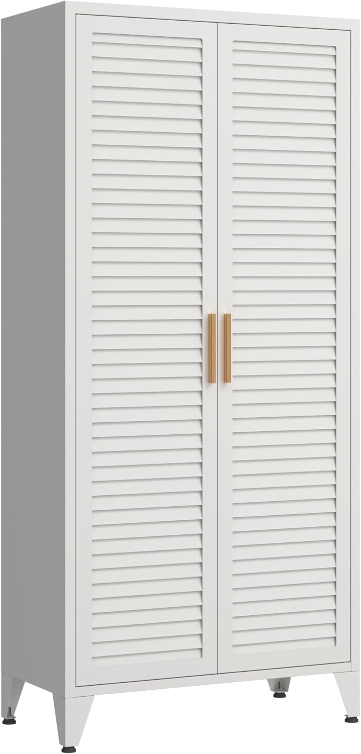 61 'H White Lockable Steel Storage Cabinet,Double Louver Shutter Ventilated Door Metal Wardrobe Cabinet 3 Tier Adjustable Shelves Freestanding Storage Locker for Bedroom,Home Office