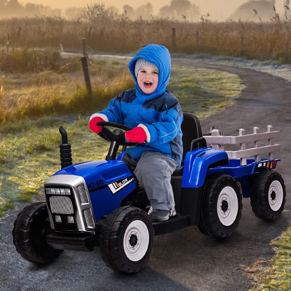 12V Kids Ride On Tractor with Trailer & Remote Control, Toddler Battery Powered Electric Car Slow Start 7LED Headlights USB Music Player 2+1 Gear Shift, Blue, 25W/Treaded Tires