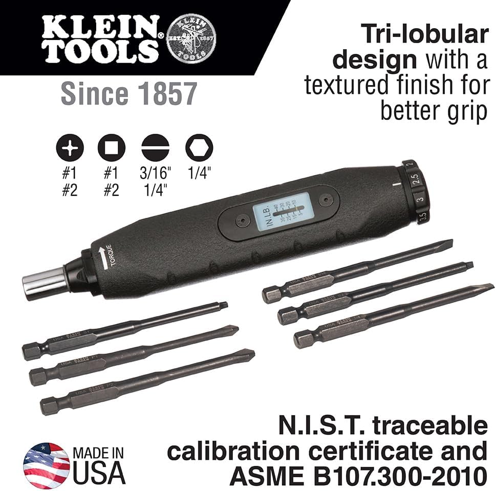 Klein Tools 57032 Screwdriver Set, Made in USA, Torque Screwdriver Kit with Phillips, Slotted, Square Bits, 1/4-Inch Nut Driver, Case Included, 6-Piece