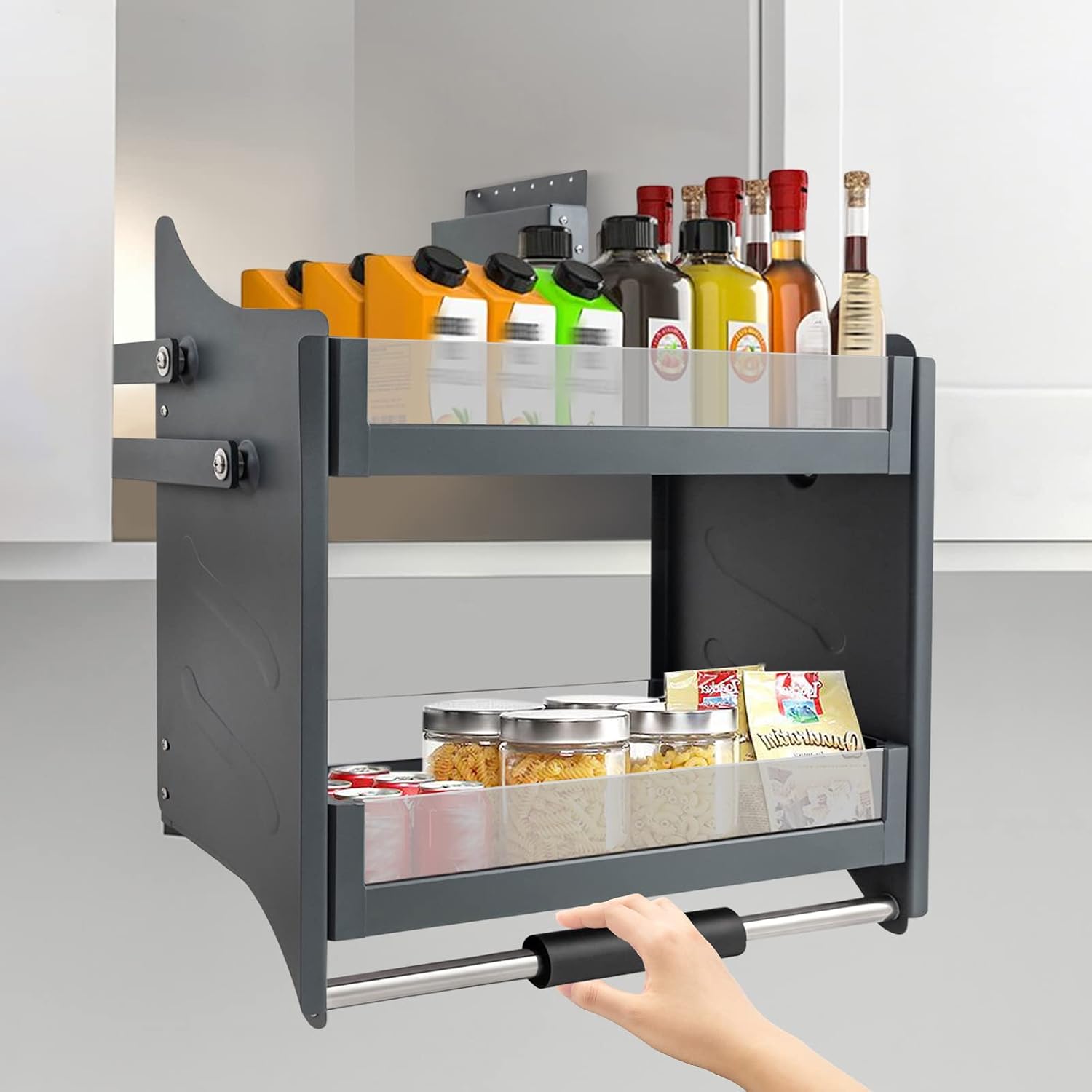 2-Tier Pull-Down Shelf, 24 Inch Heavy Duty Pull-Out Cabinet Shelf Drop Down Sliding Shelf Lift Inner Space Saving Wall Mounted Spice Rack Organizer for Kitchen Appliance Lift Upper Cabinet