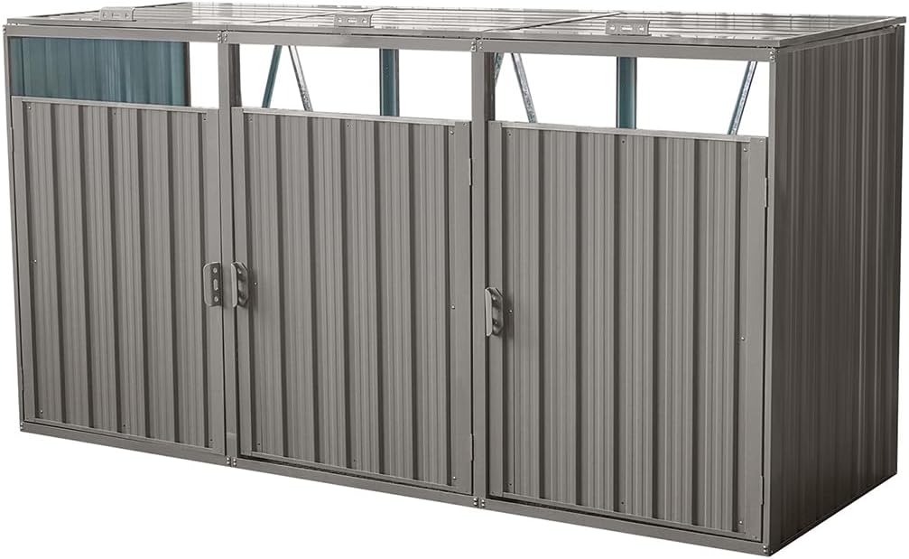 Outdoor Storage Shed for Trash Cans and Yard Tools, Bike Shed Heavy Duty Metal Shed Tool Shed with 3 Doors, Horizontal Stow-Away Storage Shed for Backyard Patio Garden,Gray,95' L × 31.5' W × 48' H