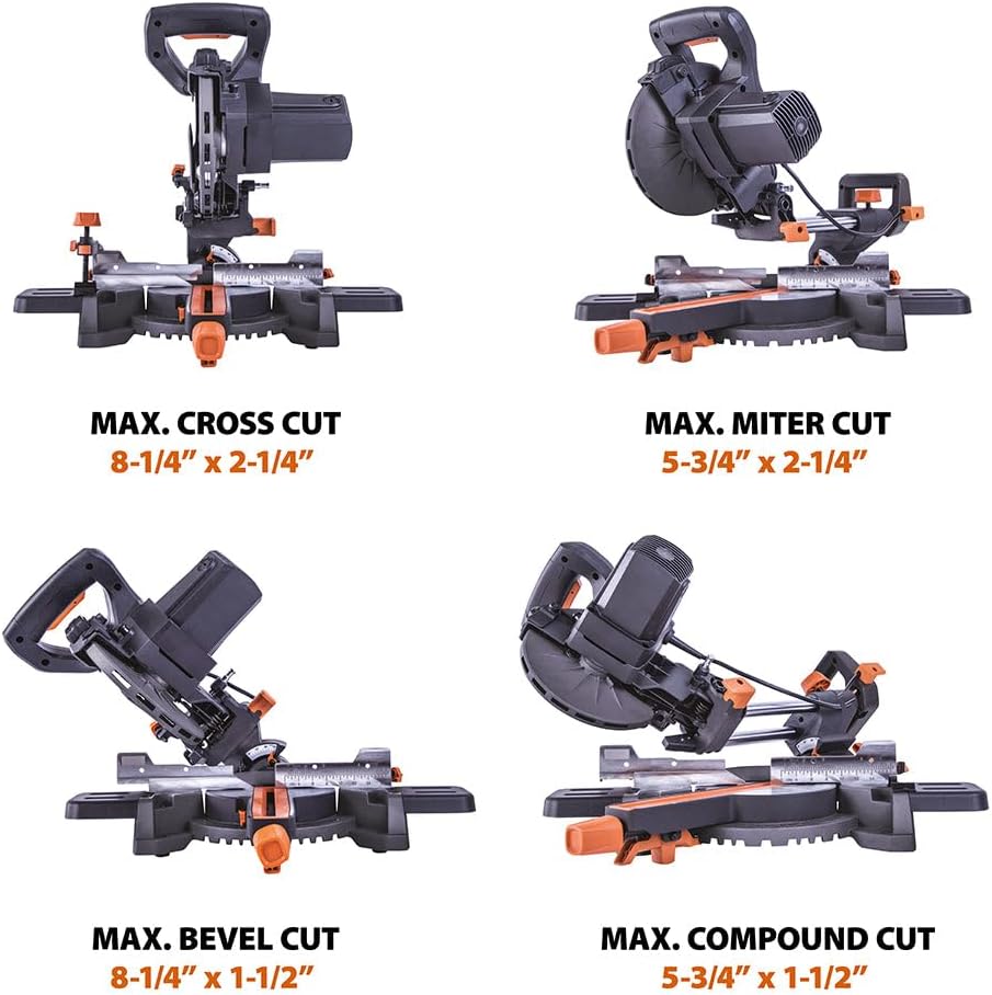 Evolution Power Tools R185SMS+ Sliding Miter Saw with Multi-Material Cutting, 45 Degree Bevel, 50 Degree Miter, 210 mm Slide, Blade Included Cuts Wood Plastic Metal & More, 7-1/4'