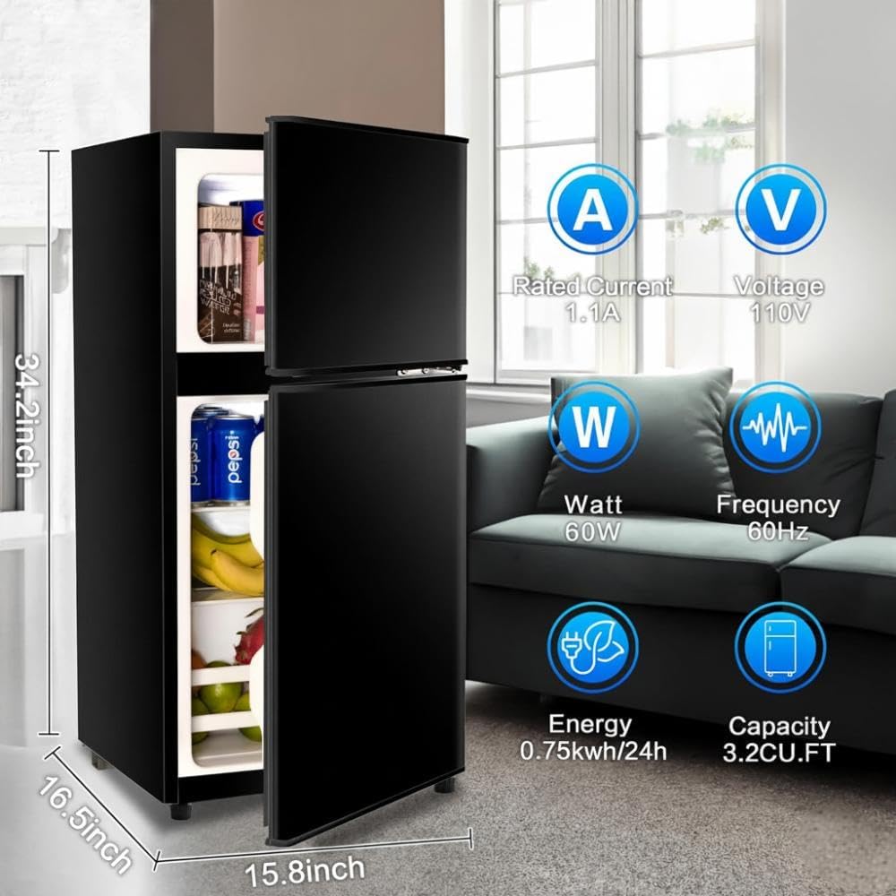 Anukis Compact Refrigerator 3.2 Cu Ft 2 Door Mini Fridge with Freezer for Apartment, Dorm, Office, Family, Basement, Garage - Black