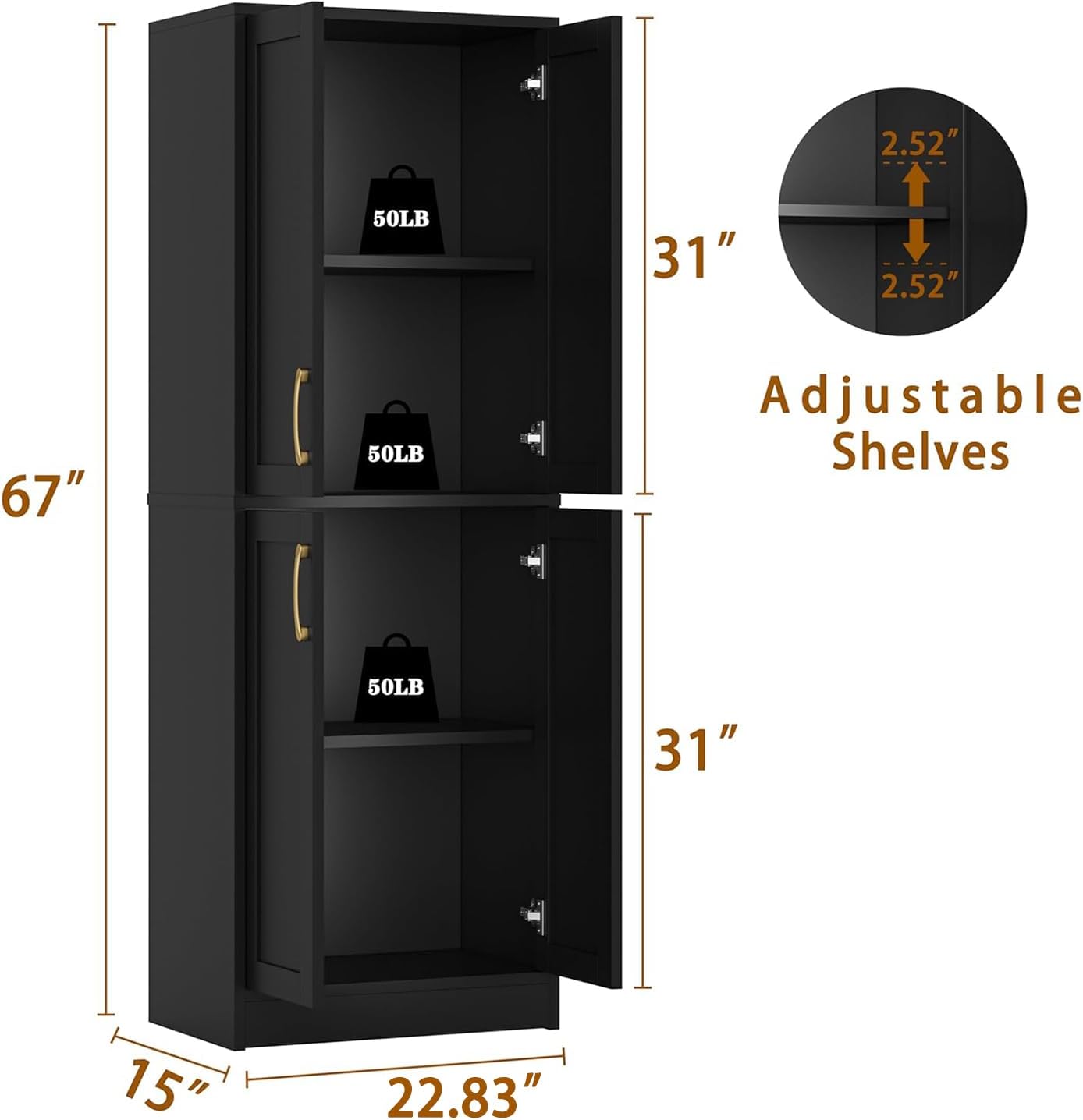 Storage Cabinet - Pantry Organizers and Storage with 4 Doors and Adjustable Shelves, Tall Bathroom Cabinet Freestanding Narrow Kitchen Cupboard for Dining Room Living Room, Laundry, Black