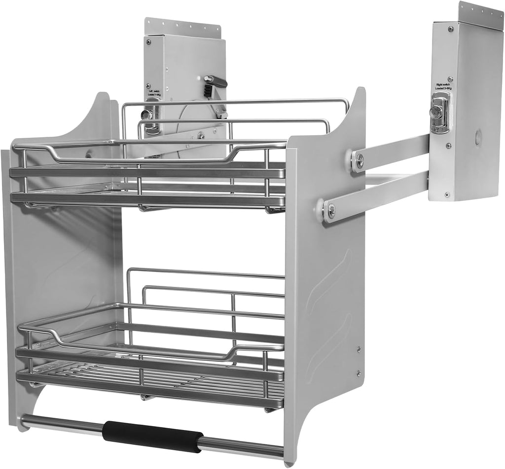 Pull-Down Cabinet Organizer, 2 Tier Pull down Shelf for Kitchen Upper Cabinet, Pull-Out Rack System Inner Space Saving Plate for Kitchen Appliance Lift Upper Cabinet, 22 Inch Width