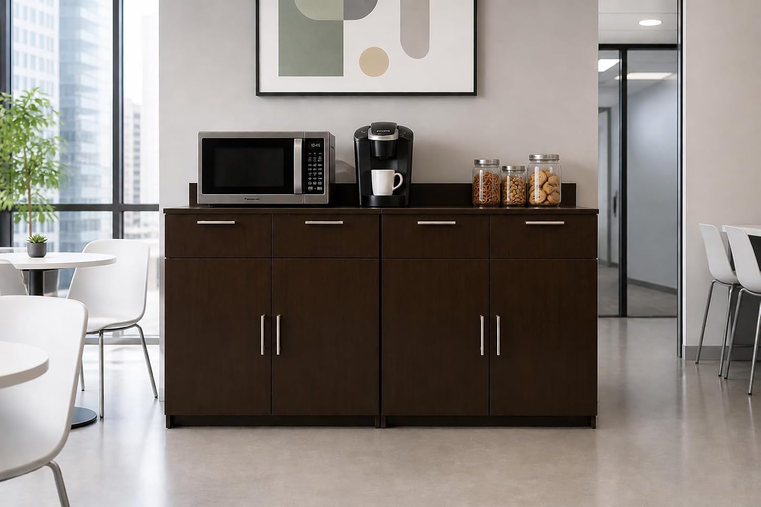 BREAKtime 2-Door Office Storage Cabinet for Breakroom, Commercial Coffee Station Cabinet, Fully Assembled, 72' W x 24' D x 36' H, Appliances Not Included