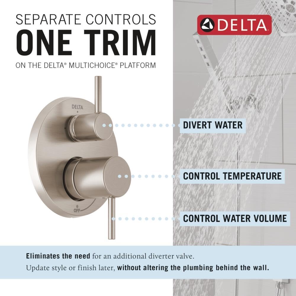 Delta Modern 14 Series Round Rain Shower System Faucet Set, Rainfall Brushed Nickel Shower Head and Handle Set, Valve Trim Kit, 10 Inch, Spotshield Stainless 342702-SP
