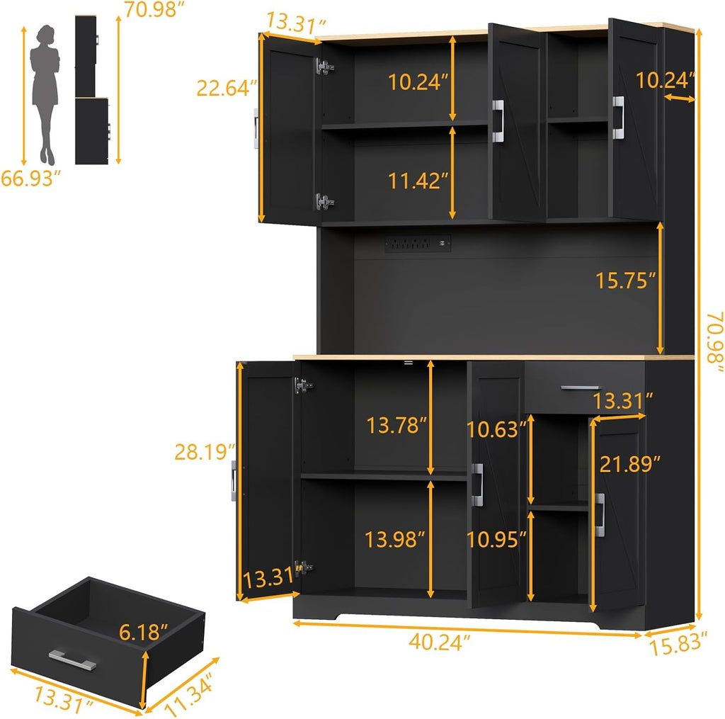 71' Tall Kitchen Pantry Storage Cabinet with Charging Station,Farmhouse Buffet Cabinet with Microwave Shelf,Large Kitchen Hutch Cabinet Doors & Drawer,Food Pantry for Dining Room,Living Room (Black)
