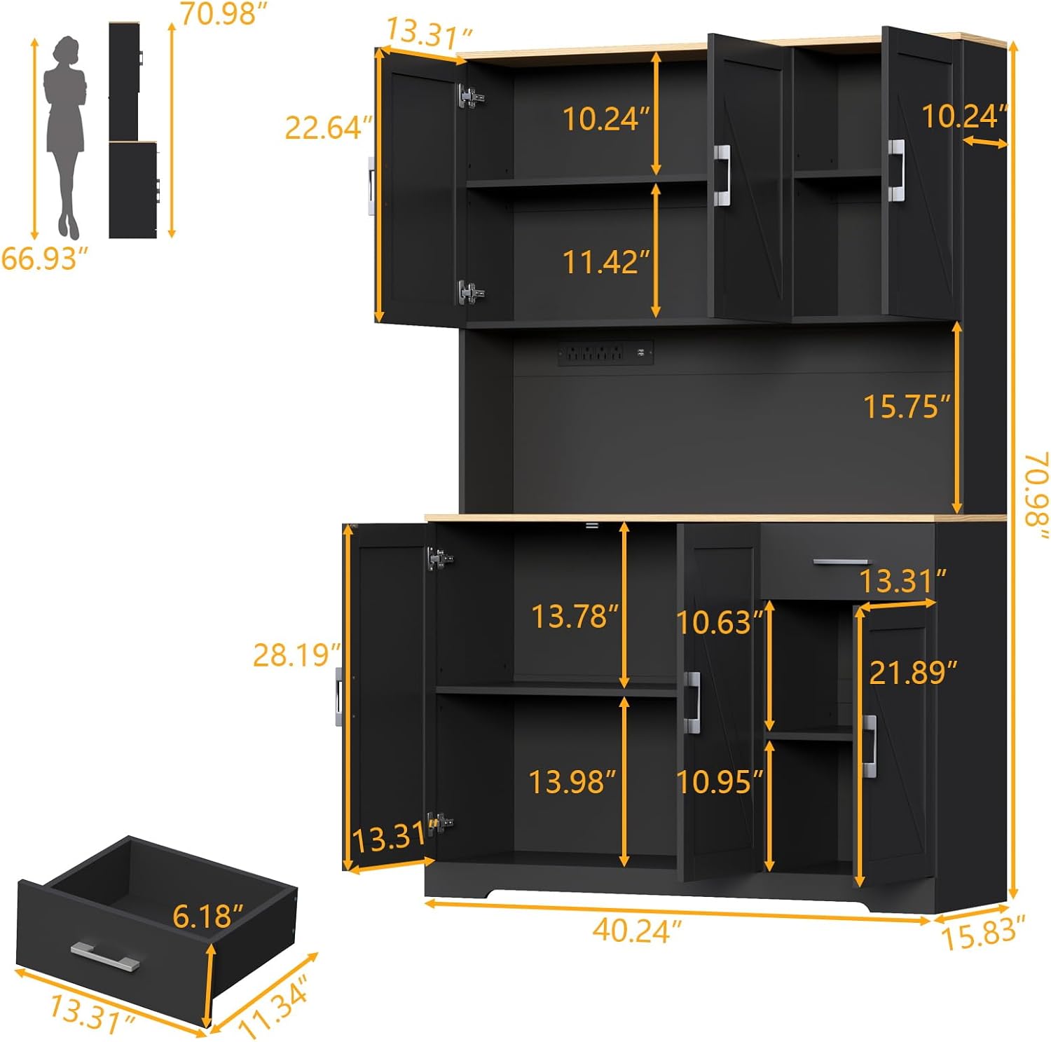 71' Tall Kitchen Pantry Storage Cabinet with Charging Station,Farmhouse Buffet Cabinet with Microwave Shelf,Large Kitchen Hutch Cabinet Doors & Drawer,Food Pantry for Dining Room,Living Room (Black)
