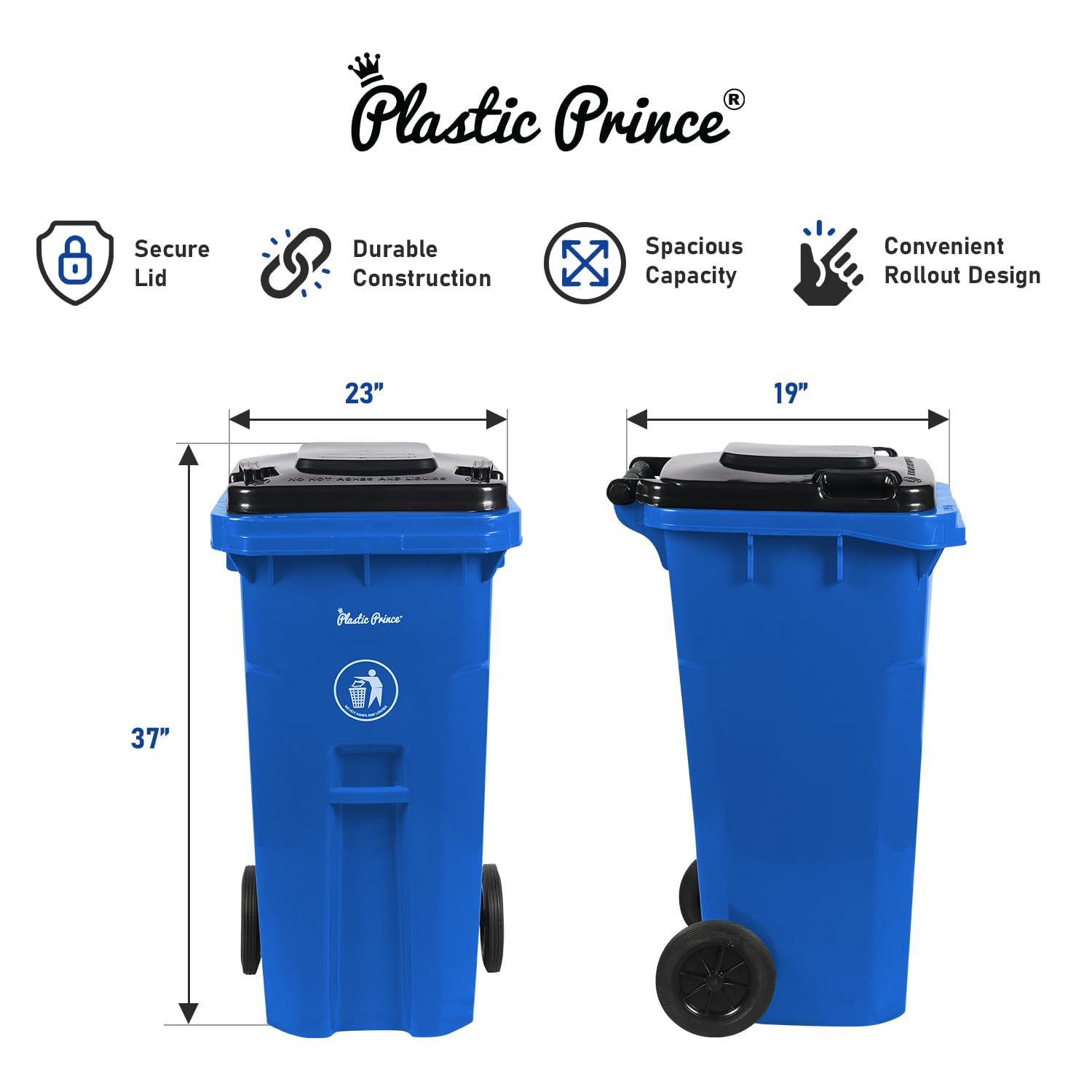 PLASTIC PRINCE 32 Gallon Trash Can with Wheels Outdoor Recycling Bin with Lid and Wheels Heavy Duty Rolling Garbage Can Commercial Wheeled Garbage Can for Home Garage Office, Set of Blue and Gray