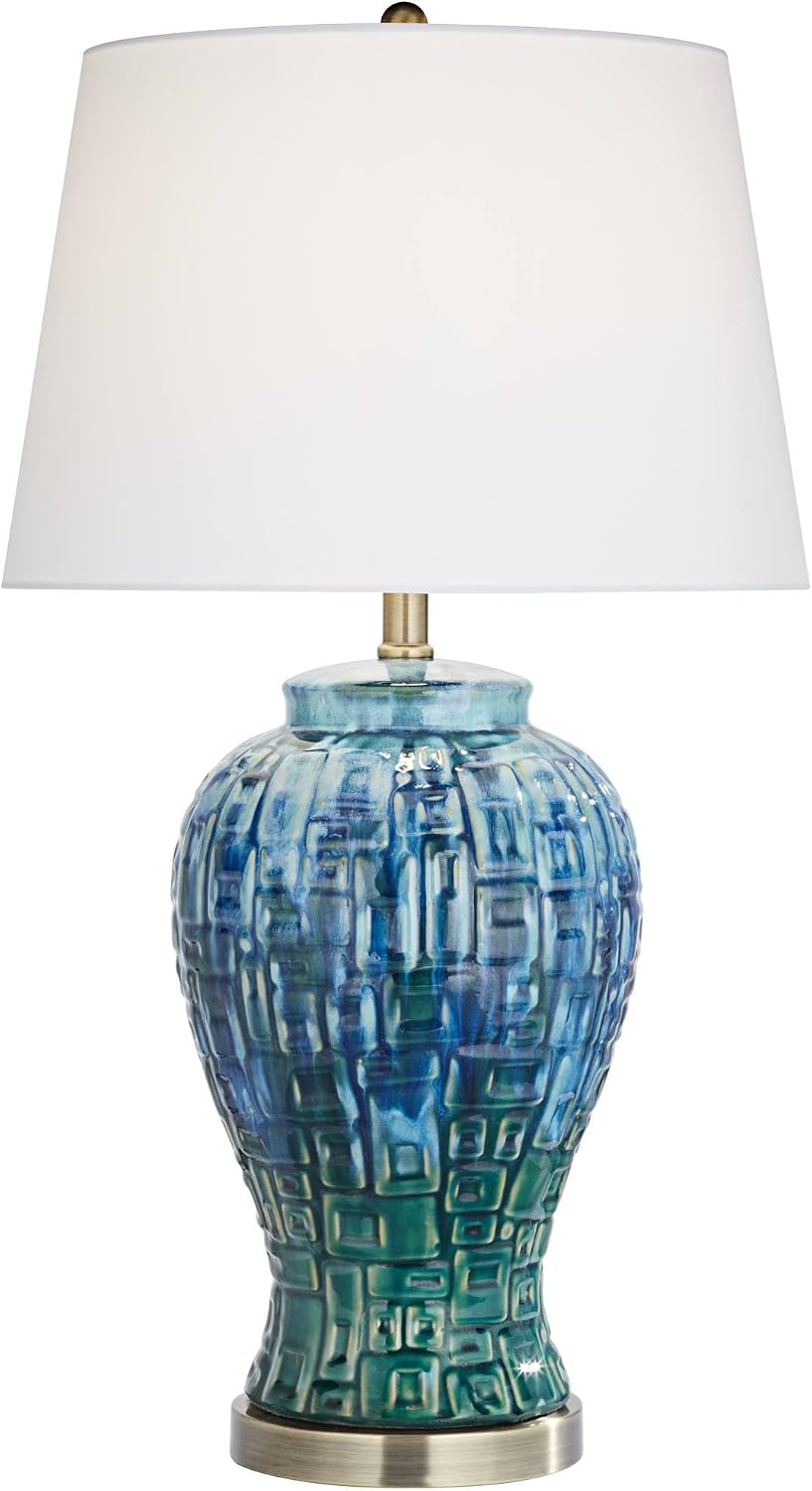 Possini Euro Design Antique Asian Style Temple Jar 3-Way Table Lamps with Table Top Dimmer Handmade 27' Tall Teal Color Ceramic White Fabric Empire Shades for Living Room Bedroom House (Colors May