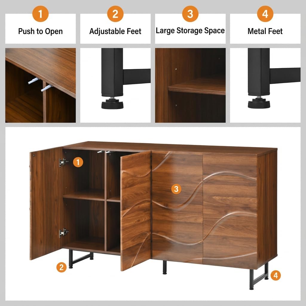 59' Modern Art Sideboard Cabinet with Storage, Sideboard Buffet Cabinet with Wave Relief Design & Metal Legs, Walnut Texture Storage Cabinet for Living Room, Dining Room