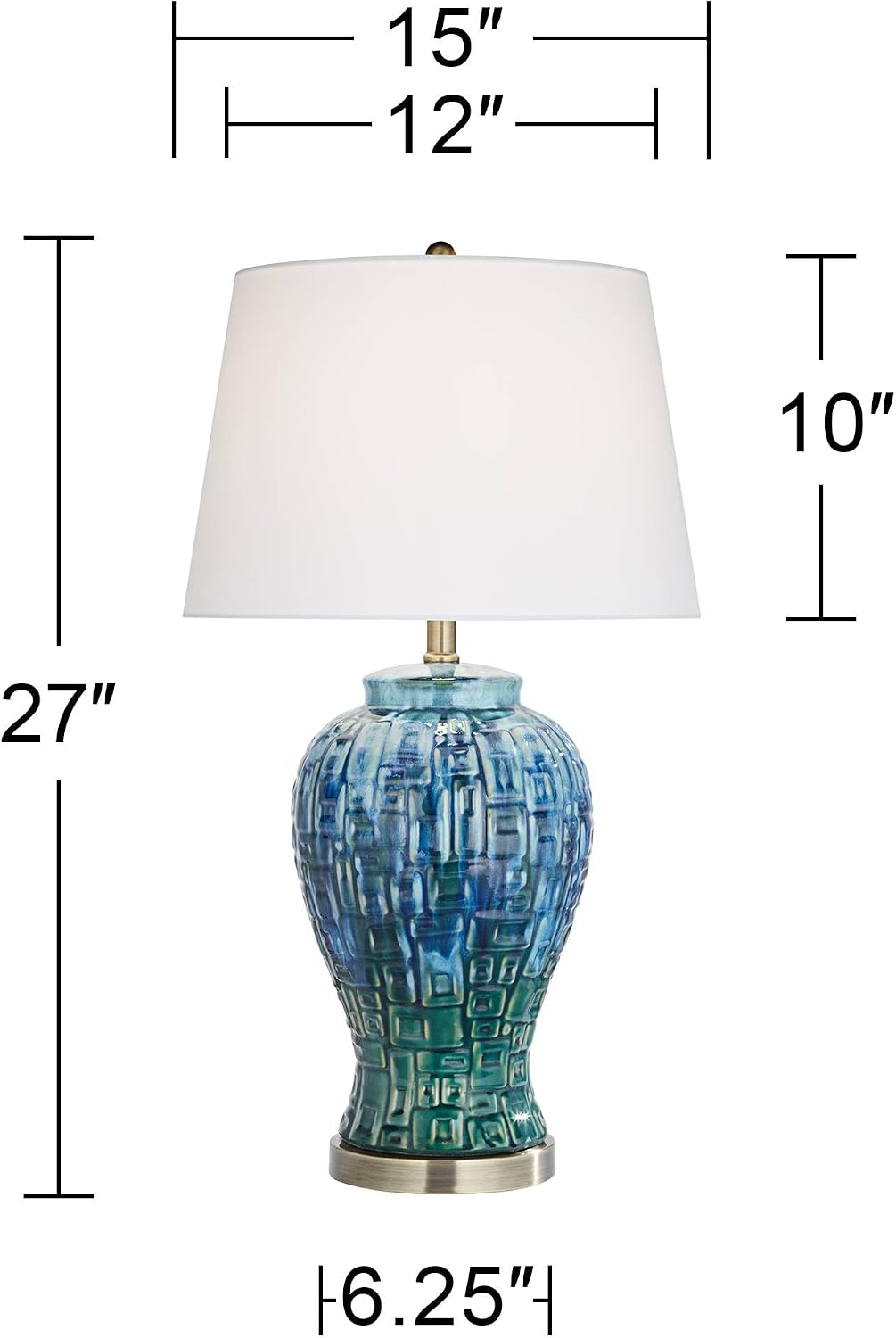 Possini Euro Design Antique Asian Style Temple Jar 3-Way Table Lamps with Table Top Dimmer Handmade 27' Tall Teal Color Ceramic White Fabric Empire Shades for Living Room Bedroom House (Colors May