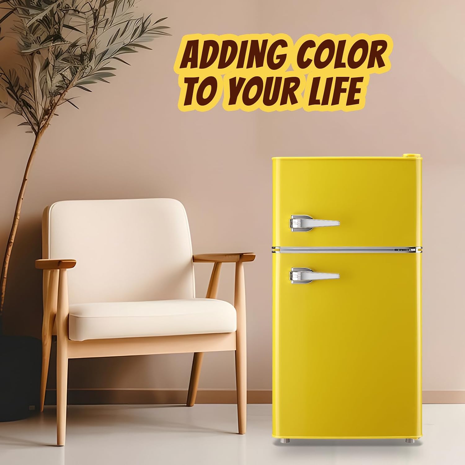 Fridge with Freezer Mini Refrigerator Apartment Size Retro Refrigerator Double door Removable Glass Shelves 7 Temp Gear Detachable Handle Yellow