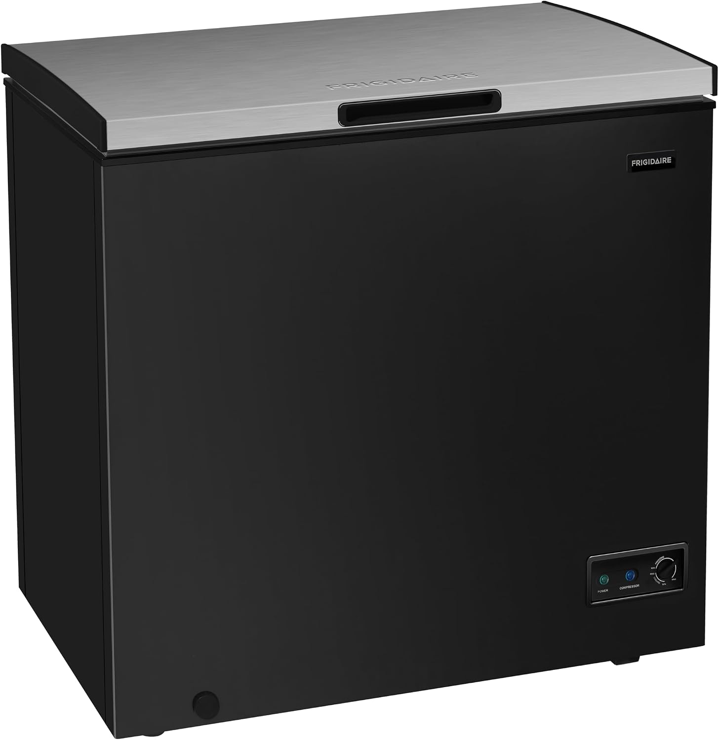FRIGIDAIRE Chest Deep Freezer, 7 Cu. Ft, Black Adjustable Thermostat-Removable Vinyl Coated Wire Basket-Easy Defrost Drain, Eye-Catching Stainless Steel Top Door- Garage Ready