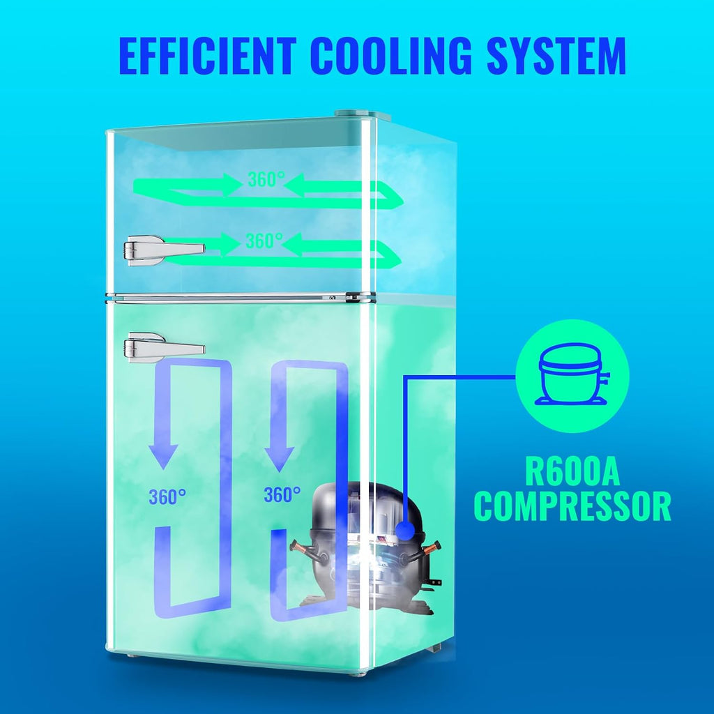 Small Refrigerator with Freezer Double Door Mini Fridge Adjustable Glass Shelves, Detachable Handle,7 Level Temperature Control Fridge for Dorm, Office, Apartment Blue