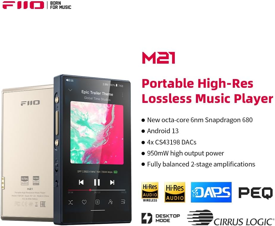 FiiO M21 Android 13 Portable Music Player MP3 Snapdragon 680 4* CS43198 DAC Chips Hi-Res Audio DSD Bluetooth LDAC (Titanium Gold)