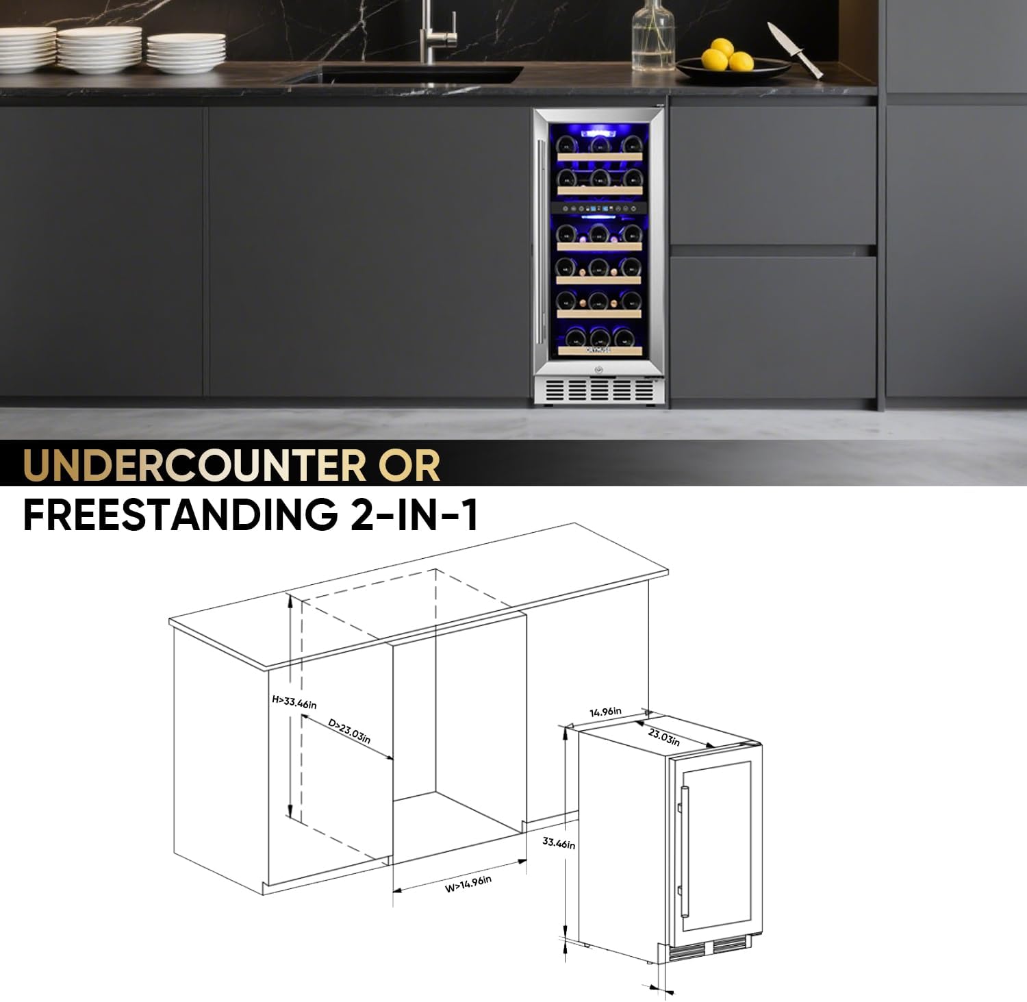15 Inch Wine Cooler Under Counter, 30 Bottle Dual Zone Wine Fridge with Stainless Steel Glass Door, Built-In or Freestanding Wine Cellar with Digital Temperature Control for Home, Kitchen, or Office