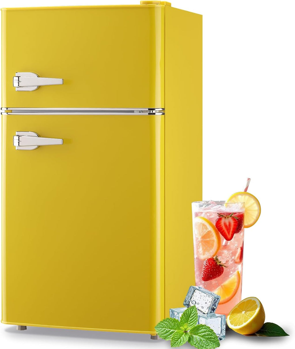 3.5 Cu.ft Fridge Dorm Fridge Refrigerator with Adjustable Glass Shelves, 7 Level Temperature Control Suit for Bedroom, Office, Apartment Yellow