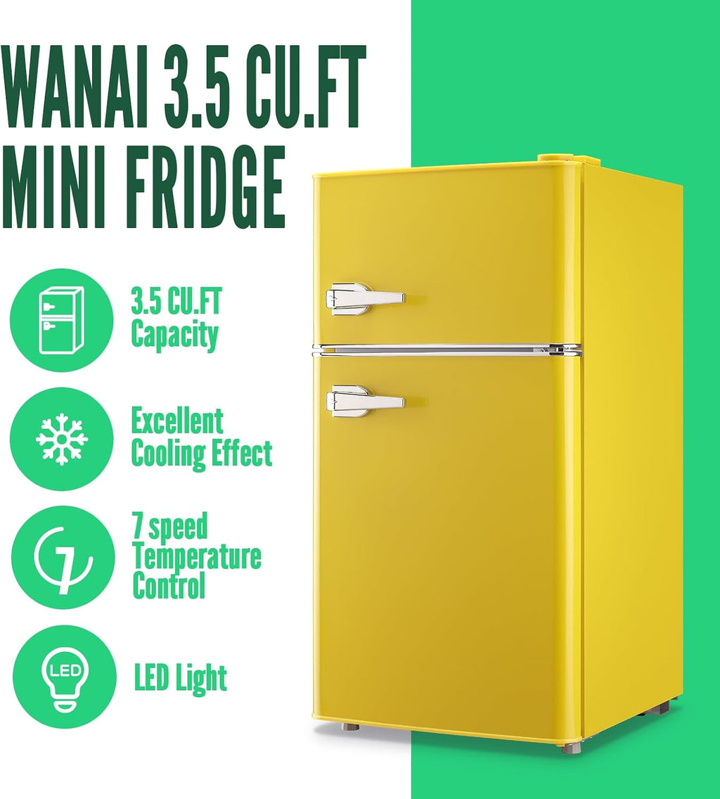 WANAI Compact Refrigerator 3.2 Cu.Ft Retro Dual Door Mini Fridge with Freezer Adjustable Remove Glass Shelves Small Refrigerator Suitable for Dorm Garage and Office