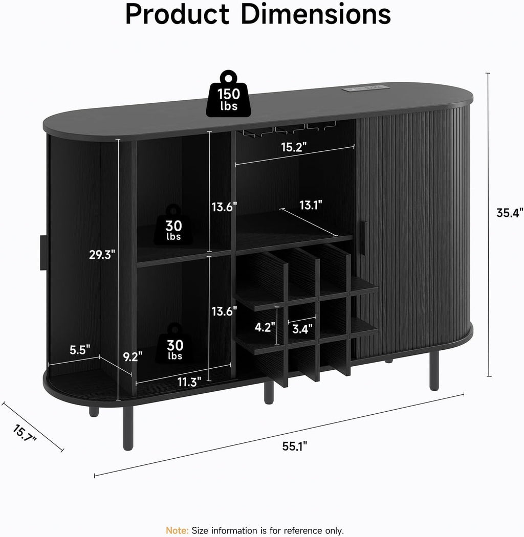 55 Inch Fluted Wine Bar Cabinet, Liquor Cabinet with LED Light, Coffee Bar Cabinets with Storage, Mid-Century Modern Sideboard Cabinet with Charge Station Wine Racks for Kithcen (Black)