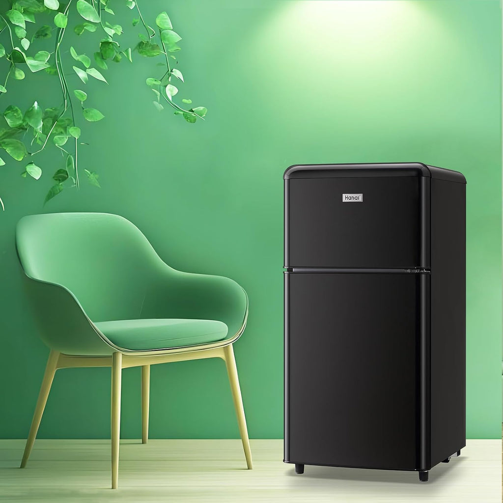 WANAI Retro Mini Fridge with Top Freezer 3.5 Cu.Ft Compact Refrigerator with Seven Adjustable Thermostat Two Door Small Fridge with Removable Glass Shelves for Kitchen Dorm Office Apt Black