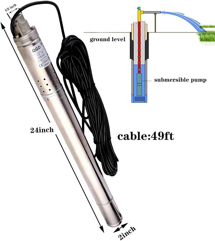2In Stainless Steel Deep Well Pump 110V/60Hz Submersible Well Pump 0.5Hp 50mm Bore ＞53mm Well Rotary Screw Pump Max.H Lift 164ft 4.4GPM Electric Water Pump for Home Garden Agricultural Irrigation