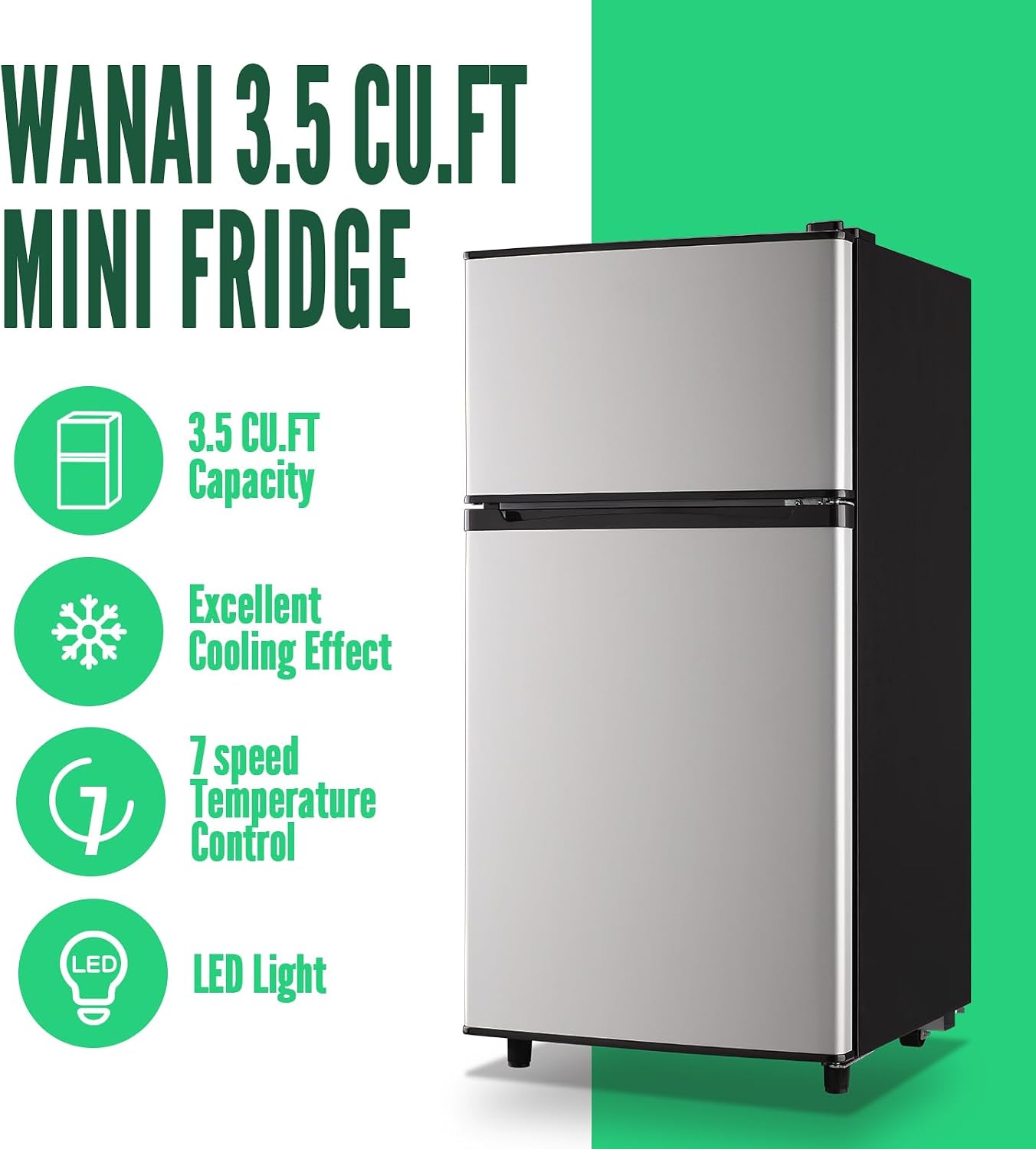 WANAI 2 Door Small Refrigerator with Freezer-on-top, Spacious Capacity Mini Fridge with 7-Level Adjustable Thermostat & 2 Removable Shelves Silver