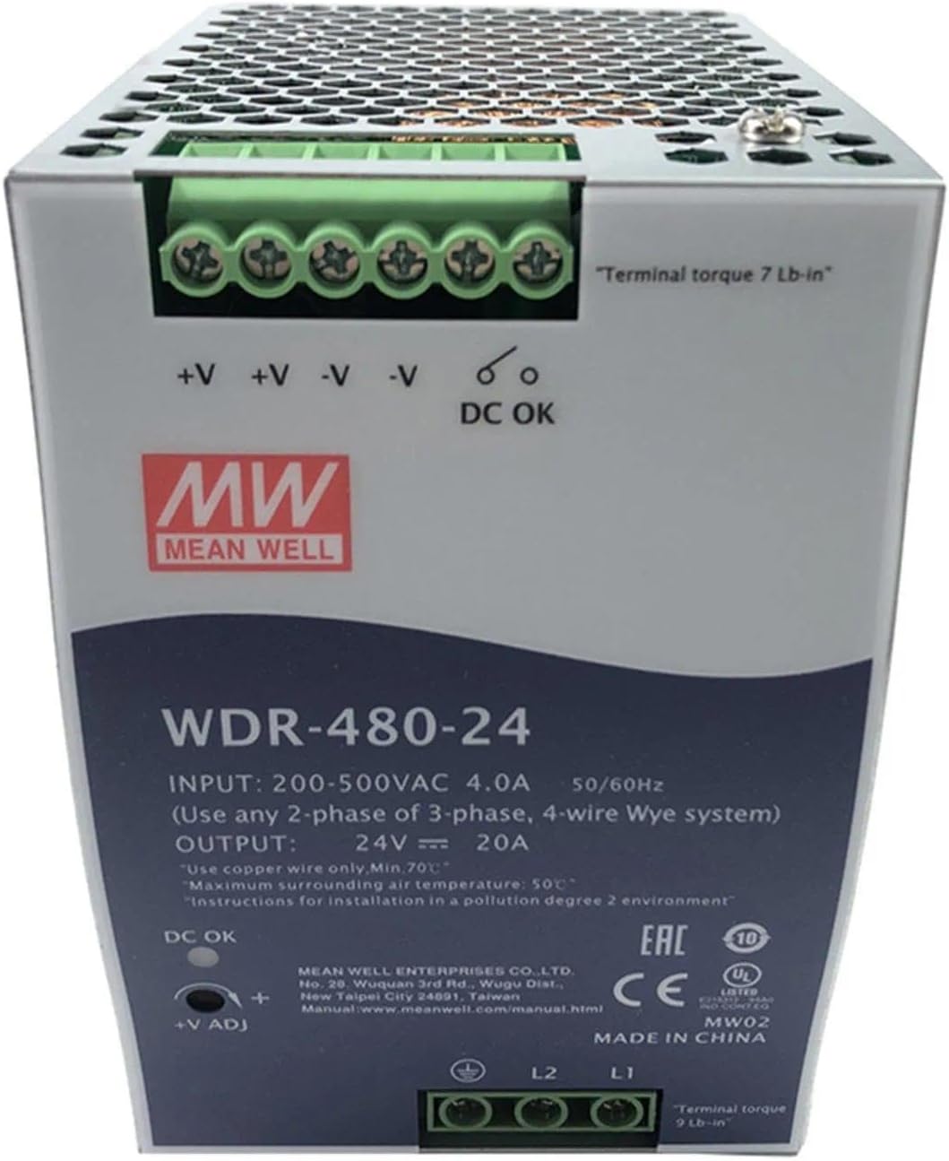 WDR-480-24 480W 24V 20A DIN Rail Power Supply, Wide 180-550VAC Input for Unstable Power, UL508 Listed for Industrial Control, for PLC Systems, Industrial Robots and Motor Drives