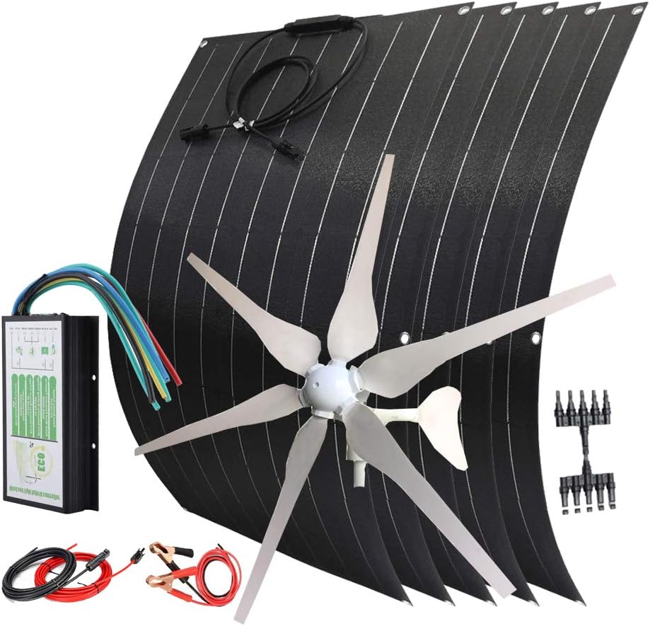 900W Wind Solar System for RV:400W Wind Turbine Generator/5pcs 100W Flexible Solar Panels Monocrystalline/Hybrid Charge Controller/Battery Cables/Connectors