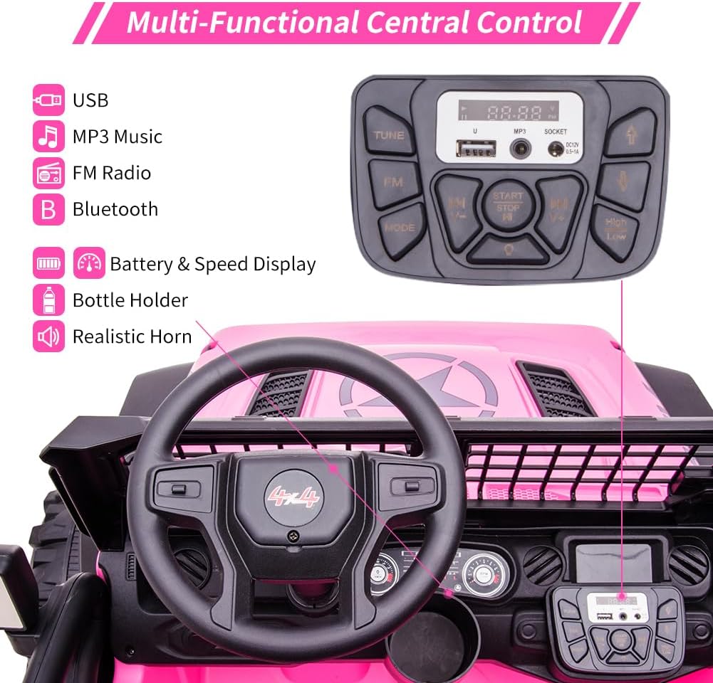 24V 2 Seaters Kids Ride On Truck with Remote Control, 20' Large Seat + 15.5' Large Wheels, Electric Vehicle Car with LED Light, Storage Space, Bottle Holder,Music, Horn,USB for 3-8 Years (Pink)