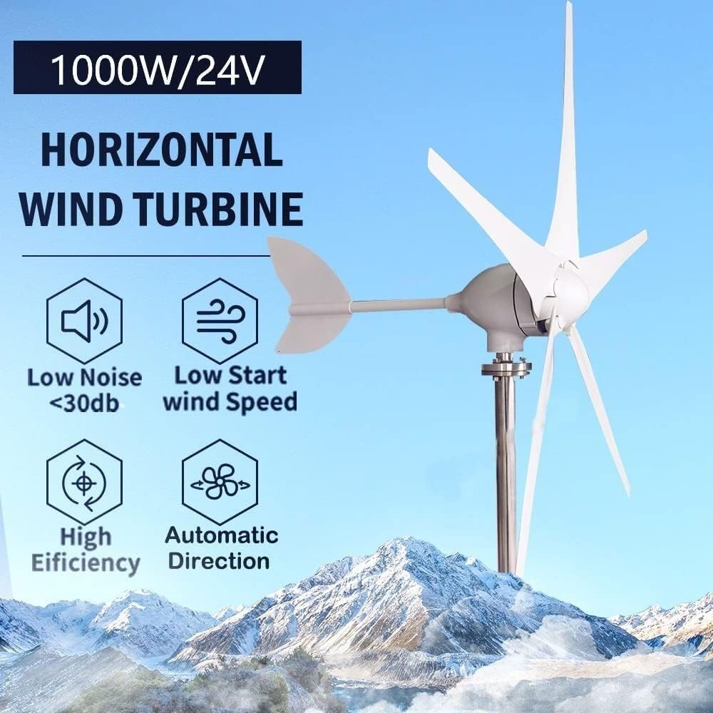 1000W Wind Turbine Generator, 24V Wind Power Generator, 6 Blade Wind Controller Turbine Generator kit for Home/Camping, White