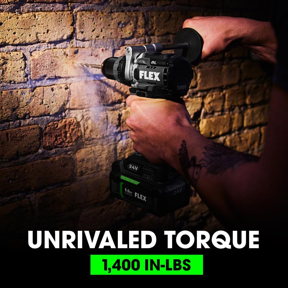 FLEX 24V Brushless Cordless Hammer Drill with Turbo Mode Impact Driver Stacked Lithium Kit with (2) 2.0Ah Stacked Lithium Batteries and 160W Charger Included - FXM202-2K