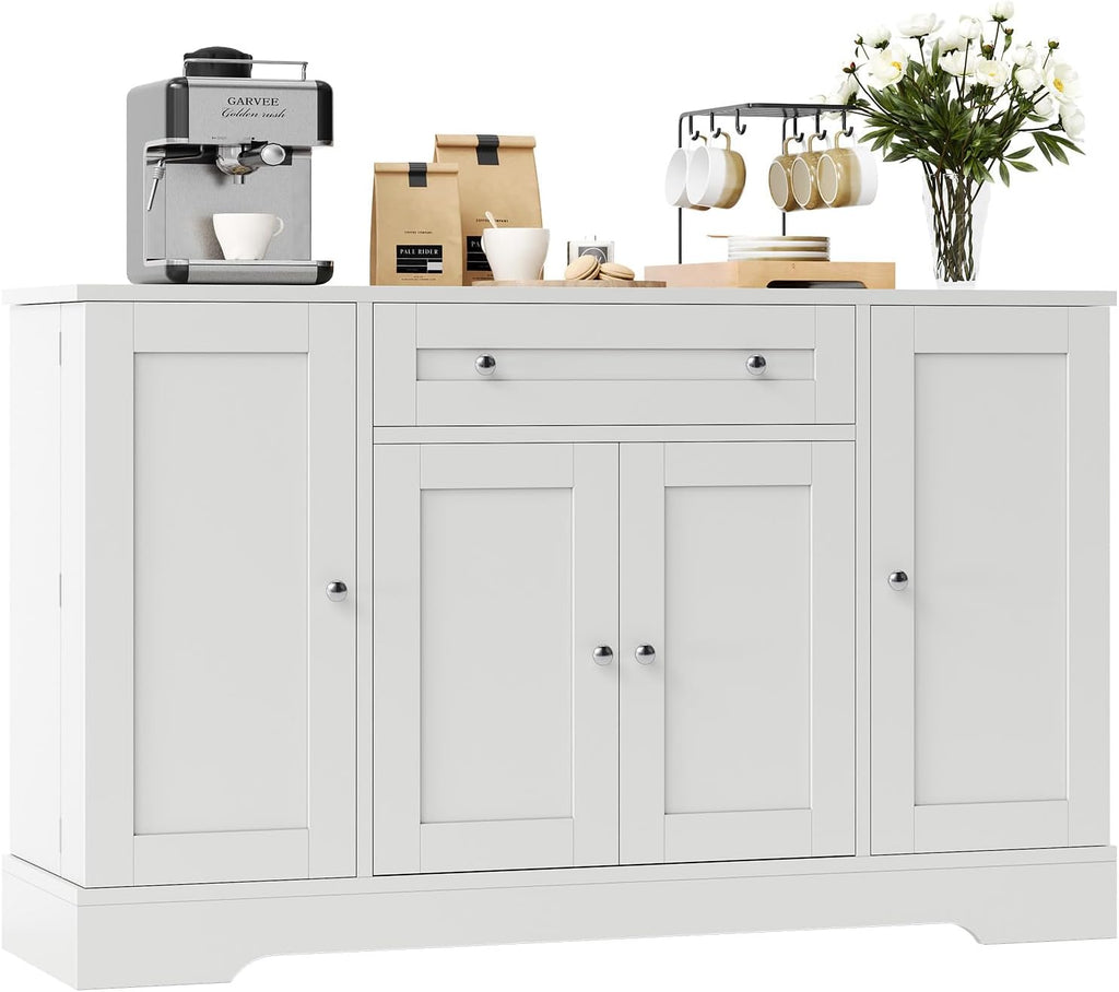 Modern Sideboard Buffet Cabinet with Storage, 55 in Wood Coffee Bar Cabinet with Drawer, Shelves & Door Shelves, Buffet Table Credenzas for Kitchen Dining Room Living Room, White