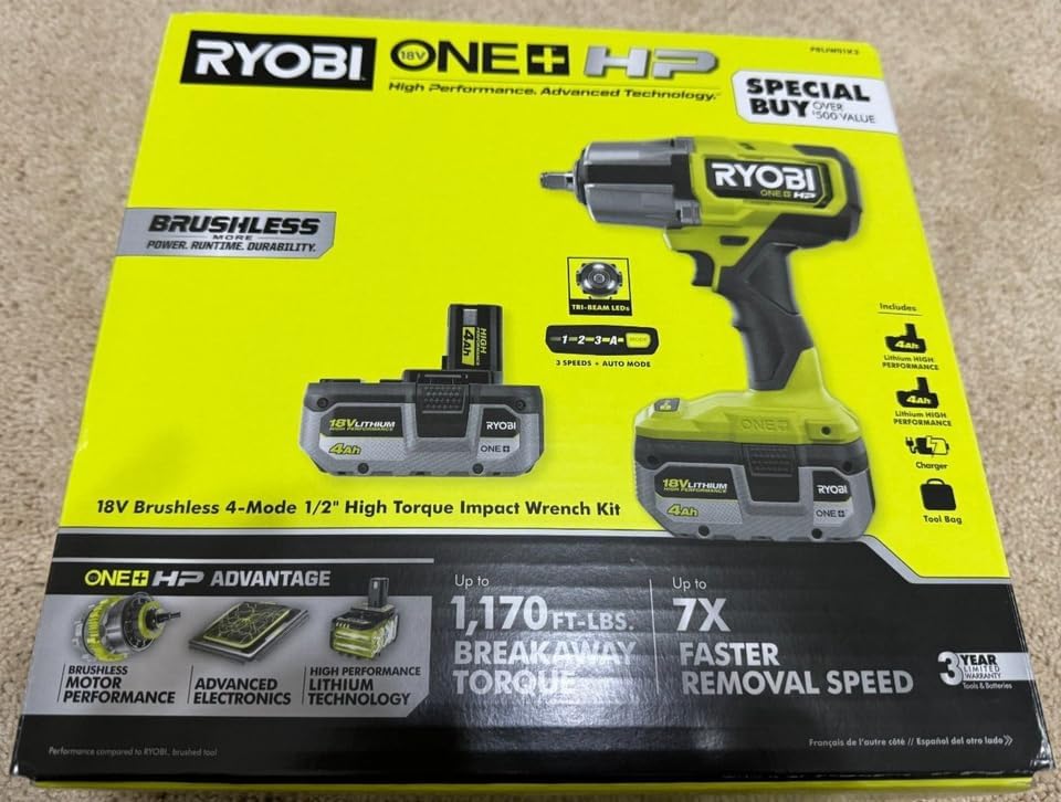 RYOBI ONEAND HP 18V BRUSHLESS Cordless 4-Mode 1/2 in. HIGH Torque Impact Wrench KIT with