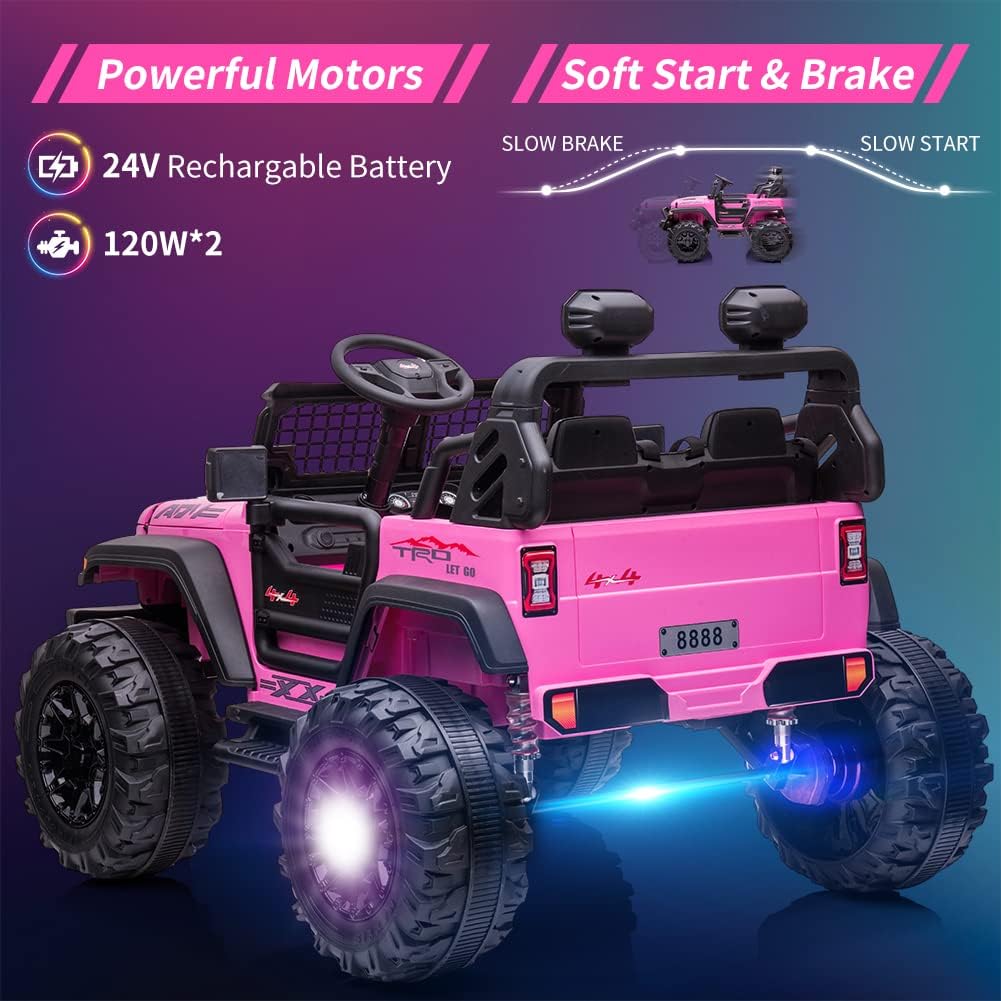 24V 2 Seaters Kids Ride On Truck with Remote Control, 20' Large Seat + 15.5' Large Wheels, Electric Vehicle Car with LED Light, Storage Space, Bottle Holder,Music, Horn,USB for 3-8 Years (Pink)