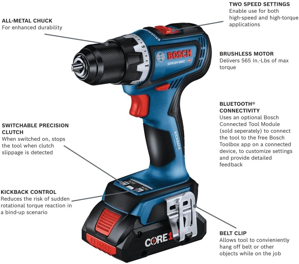 BOSCH GSR18V-800CB24 18V Brushless Connected-Ready 1/2 In. Drill/Driver Kit with (2) CORE18V® 4 Ah Advanced Power Batteries