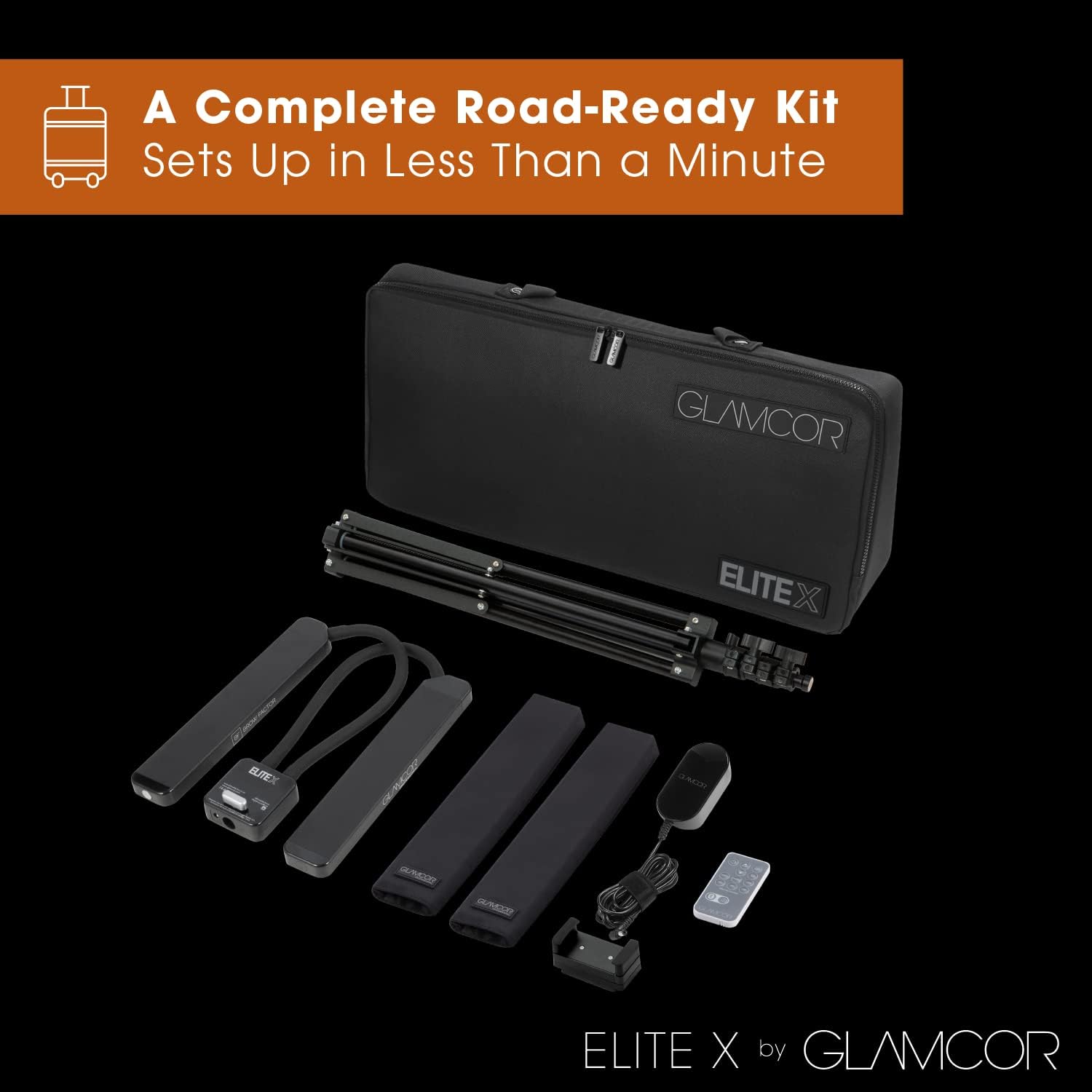 GLAMCOR Elite X Portable LED Lighting Kit for Eyelash Extension, Esthetician, Makeup, Filming & Photography | 5600K Five-Stage Dimming Daylight, with Travel Bag & Tripod (Black)