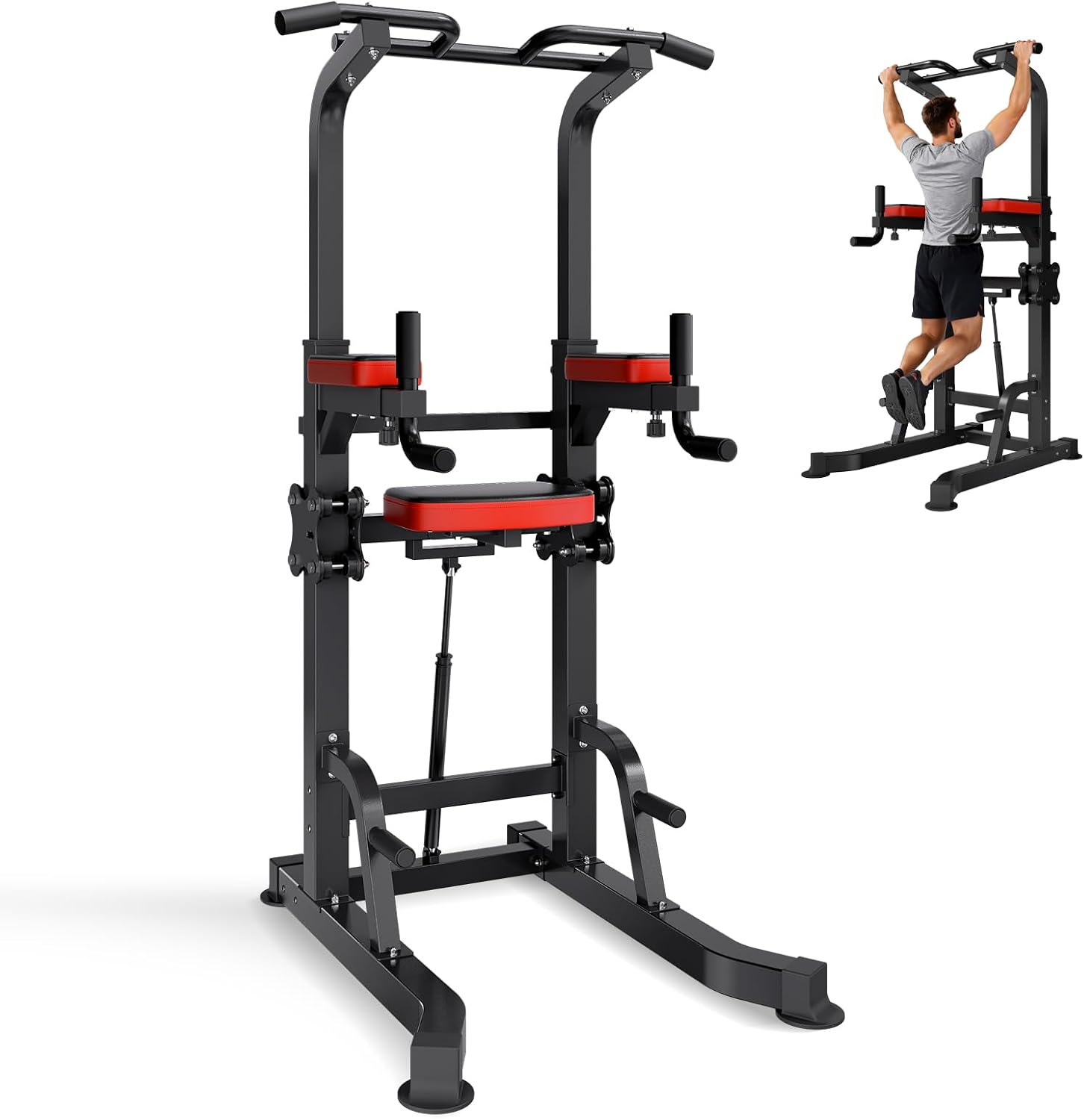 VEVOR Pull Up Bar, 330 LBS Power Tower Dip Station, Workout Dip Station with H-Shaped Stable Base & Assistance Platform, Adjustable 9 Level Height Pullup Stand for Back, 3-Level Adjustable Elbow Pads